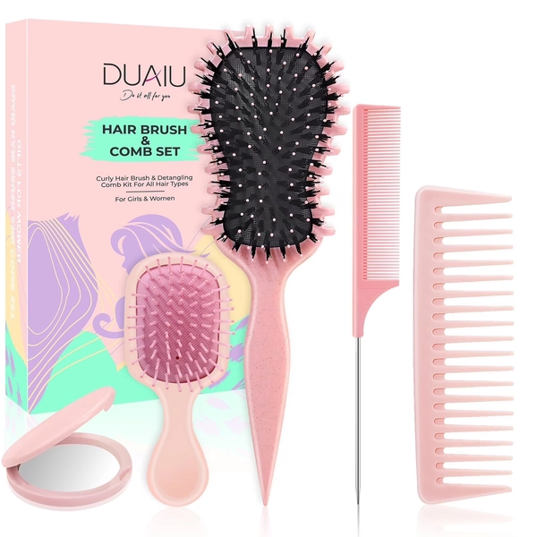 DUAIU  5-Piece Hair Brush & Comb Set - Detangling Brush, Wide Tooth Comb, Curling Comb & Tail Comb with Mini Mirror | Hair Care Gift Set for Women/Teen Girls/Kids (Includes Gift Box) - Walmart.com