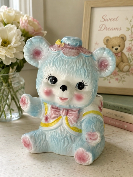 Vintage Giftwares Nancy Pew Japan Blue Bear Nursery Planter Baby Decor 7.5” Tall