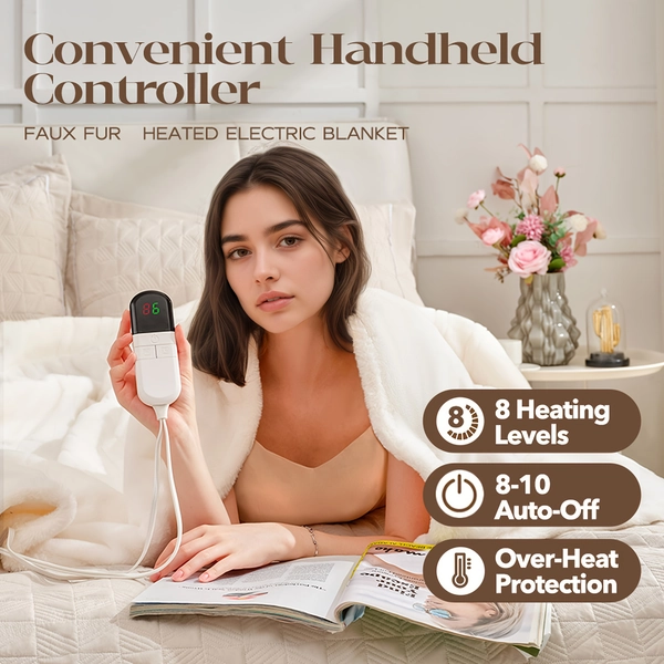 Luxury Electric Blankets 90"×100"/50"×60"Inch, Exquisitely Cozy Plush Electric Blanket With 8 Heating Grades, Fast Heating Up To113°F, Overheat Protection, Sumptuous Faux Fur Warming Blanket For Bed&Lounge, 8-Hour Timer Auto-Shutoff, Machine Washable
