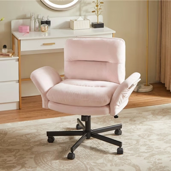 Bestier Criss Cross Chair with Armrests & Wheels, Ergonomic Cross Legged Office Chair Computer Task Chair, Desk Chair for Home Office & Vanity, Pink