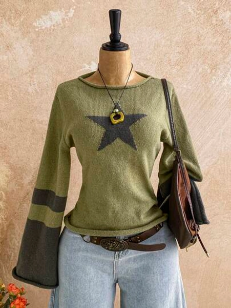 Soleia New Casual Vacation Western Beach Wedding Guest Attire, Graduation Brunch, St. Patrick's Day Spring Break, Easter, Music Festival, Elegant Boho Tropical Flare Flared Sleeve Star Pattern Women Sweater Autumn Winter Clothes For Women