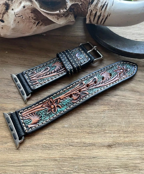 Tooled Leather Watch Band for Apple Watches 38-40-41 mm Myra Western Watchband Dawson