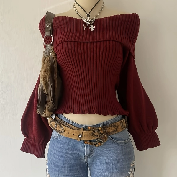 Women's Pullover Sweater, Fashionable Elegant Casual Long Sleeve Off-the-Shoulder Top for Spring, Autumn, Christmas, New Year, and Winter Holidays