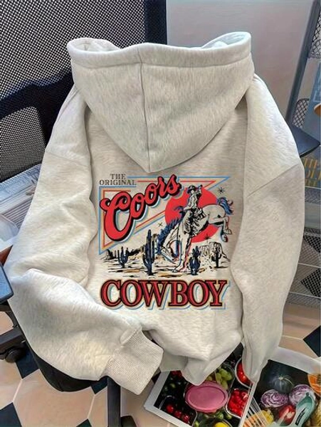 Cowboy Vintage Country Riding Horse Print Sweatshirt, Solid Color Long Sleeve Pocket Dropped Shoulder Casual Hoodie For Women, Fall Clothes For Back To School