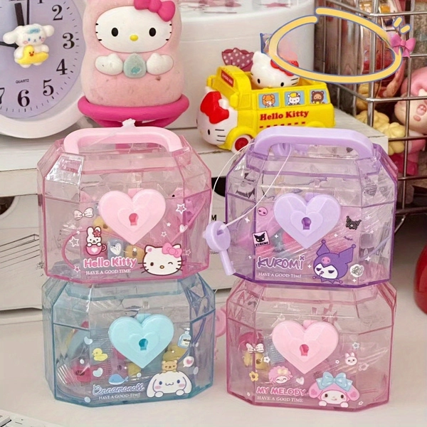 1pc Sanrio Hello Kitty Mini Treasure Box, Rectangle Plastic Jewelry Box with Key Lock Closure, Contemporary Style, No Battery Required, Ideal for DIY Beaded Bracelet Box Decoration Ornaments, Jewelry Boxes