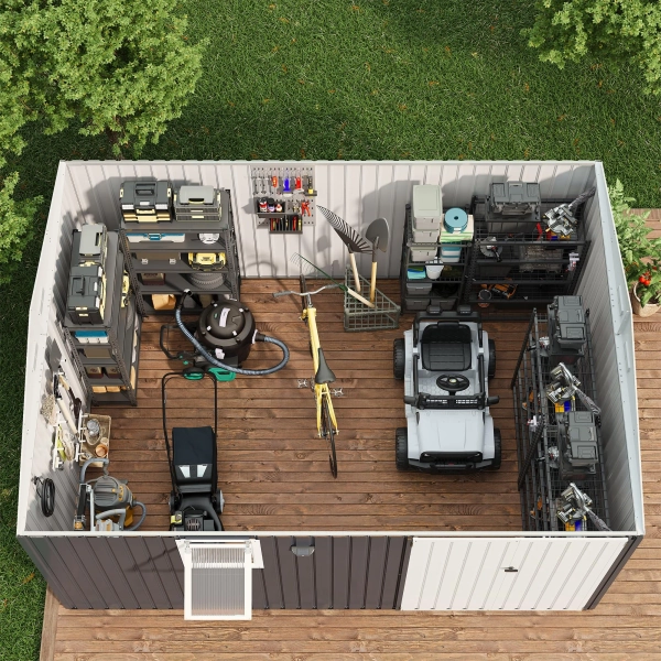 12 x 10 ft Galvanized Metal Garden Storage Shed with Push-Out Window, LED Light, Pegboard, Vents, Lockable Doors