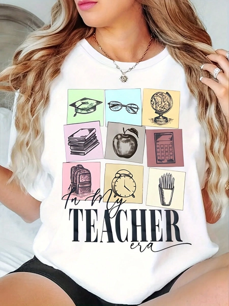 Retro Back To School Teacher Shirt, Women's Inspirational Teacher T-Shirt Minimalist Teacher Graphic T-Shirt, Educational Bow & Pencil Print, Plus Size First Day Of School Teacher Casual Round Neck Short Sleeve Top Tee For Educators, Events & Teach