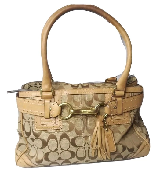 Coach Hampton Satchel Purse 10507 Signature Brown Canvas Tote Leather Trim