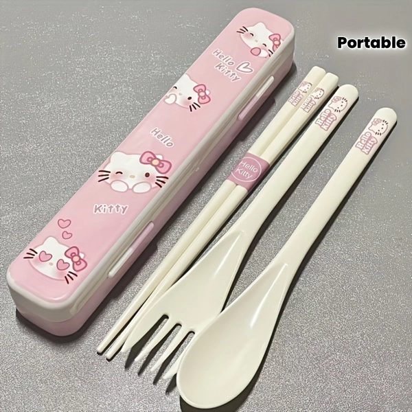 3pcs Sanrio KT Cat Chopsticks, Spoon & Fork Cutlery Set with Cute KT Cat - Portable ' Tableware for Lunch, Travel, Picnic - Plastic Utensil Box (Ideal for & Collectors)