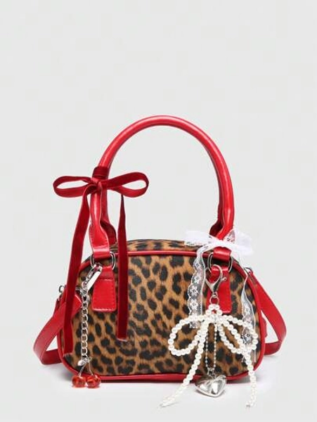 ROMWE Women's Cute Ballet Style Cherry Pearl Bow Decor Mini Handbag