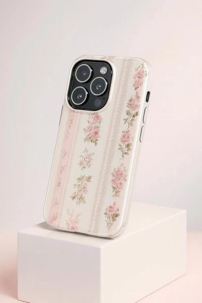 Romantic Pink Lace Floral Phone Case, Vintage Shabby Chic Rose Design, Coquette Aesthetic, Protective Cover for iPhone 17 16 15 14 13 12 Pro