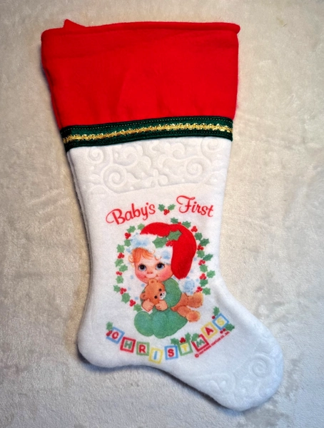 Vintage 1980s Baby's 1st Christmas Stocking-Embos<wbr/>sed Felt - Baby &amp; Bear FreeShip