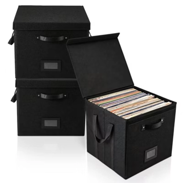 Set of 3 Vinyl Record Storage Boxes, Non Woven Stackable Record Holder with Lid and Handles, LP Storage Organizer for Album Collection, Black