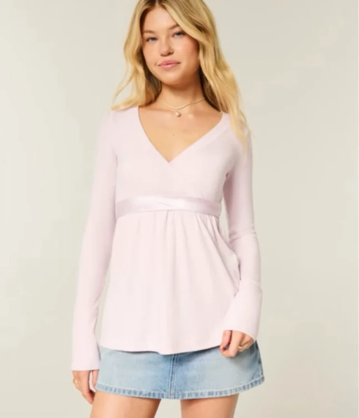 Easy Long-Sleeve Wrap-Front Babydoll Top