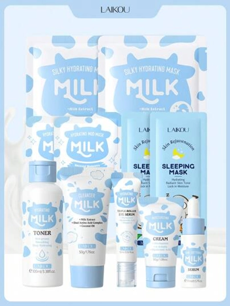 1 Set Moisturizing LAIKOU Milk Glowing Skincare Set,(Rejuvenation Sleeping Mask 3ml *2& Milk Hydrating Toner 100ml & Milk Skin-Softening Serum 17m & Milk Cleanser 50g& Milk Silky Hydrating Mask 25g & Milk Hydrating Mud Mask 5g*2 & Milk Hydrating Triple-Roller Eye Serum 15ml & Milk Moisturizing Cream 30g)Moisturizing Relief Skin Care Gift Boxes Deep Nourishing Skin Care Gift Bag For Travel, Camping, Hiking, Climbing, Outdoor