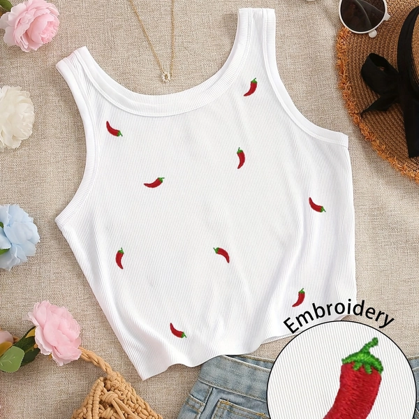 Women's Round-neck Short Vest with Chili Pepper Embroidery, Suitable for Summer Outerwear, Spring and Autumn Layering, Beach Vacations, Dates, Parties, and Casual Daily Wear