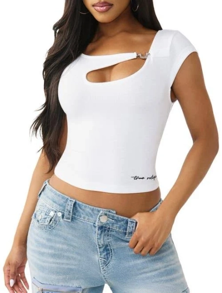 True Religion Women's Crystal Horseshoe Cut-Out T-Shirt