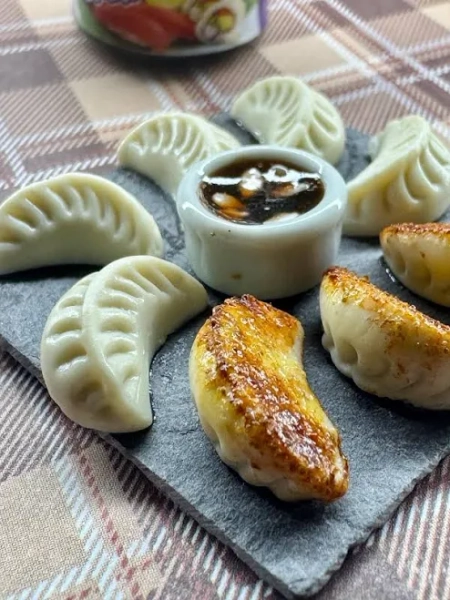 Mini Fried Dumpling Food Decor: Dollhouse Miniature with Soy Sauce