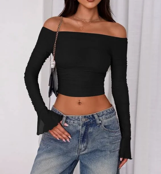 Prettygarden Women's Off The Shoulder Ruched Mesh Slim Fit Long Sleeve Top