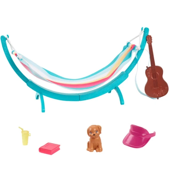 Barbie World Hammock Set with 7 Camping Accessories Including Swinging Hammock, Guitar, and Puppy
