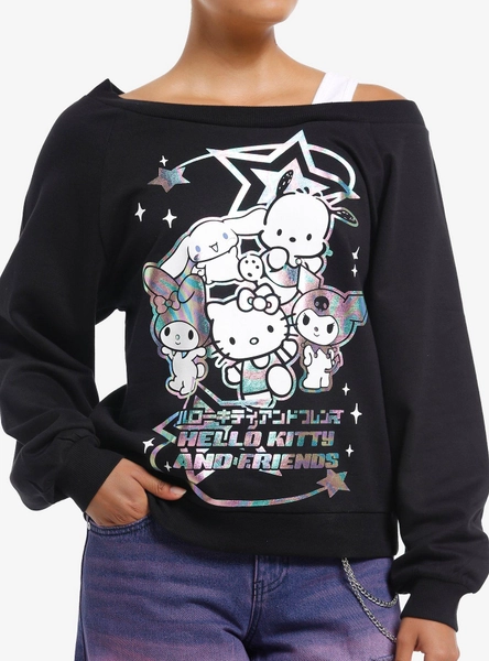 Hello Kitty And Friends Holographic Group Off-The-Shoulder Girls Sweatshirt