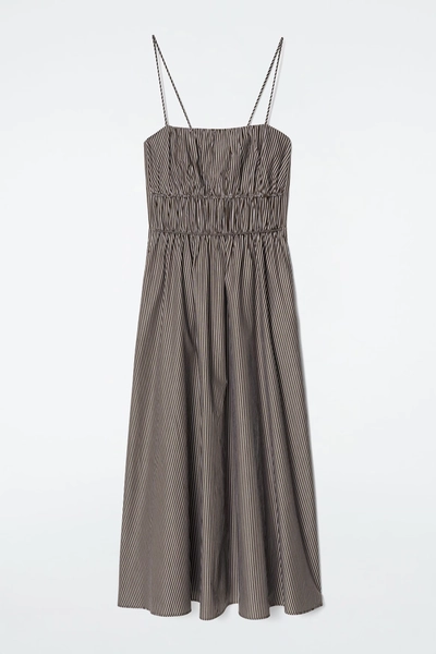 STRIPED GATHERED WAIST MIDI DRESS