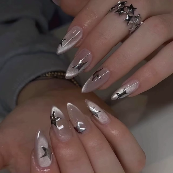 24Pcs Mid-length Almond Press on Nails 3D Silver Star Design Fake Nail Cat's Eye Wearable Artificial Full Cover False Nails Tips