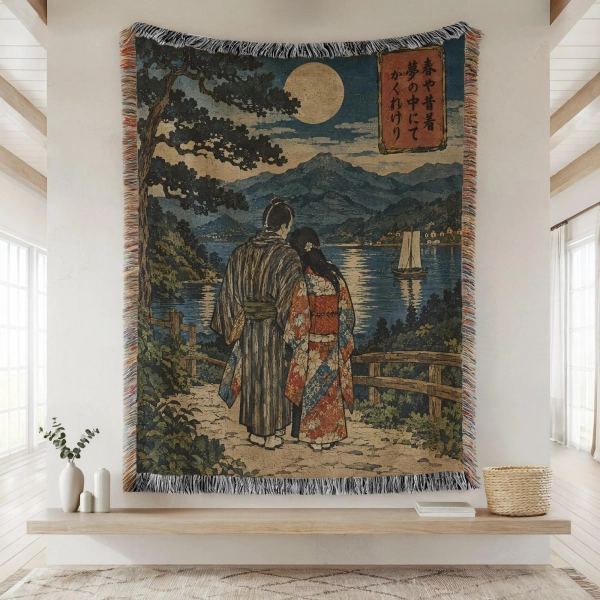 Japanese Ukiyo-e Blanket Woven Throw, Kimono Couple Moonlit Lake Cotton Blanket, Vintage Woodblock Art Decor, Romantic Anniversary Gift