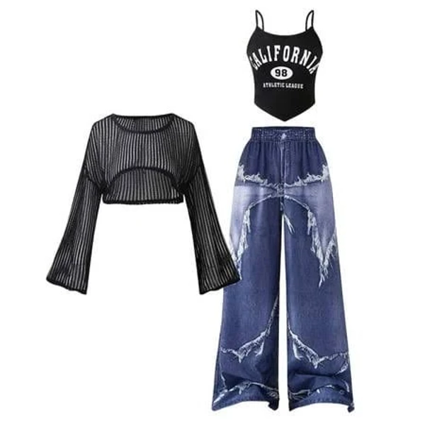 Tiijoy Tween Girls Fashion 3 Piece Camisole Mesh Crop Top Ripped Jeans Outfits, Sizes 12-13, Girl's, Size: 12-13 Years, Black