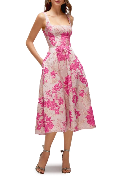 Floral Jacquard Sleeveless Fit & Flare Midi Dress