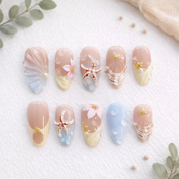 3D Ocean Beach Press On Nails Set, Starfish Shell Summer Nails, Hand Painted Mermaid Seashell Press On Nails, Cute Vacation Nail Art
