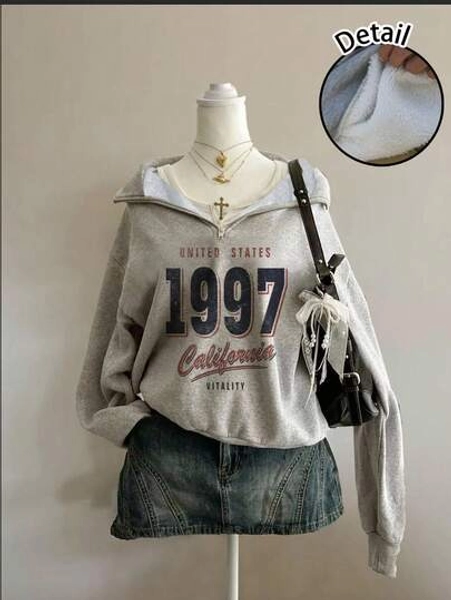 Attitoon Women's Loose Half-Zip High Neck Fleece Sweatshirt, Suitable For Autumn/Winter, Vintage, American Casual Style, 1997 Print,Fall,Chic,Grey,