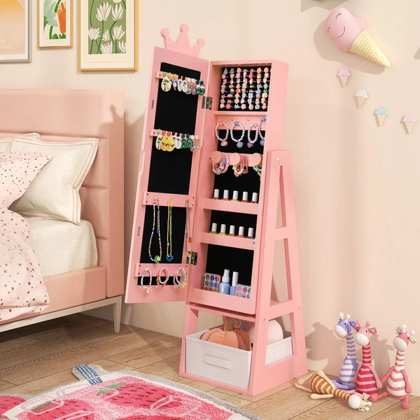 COSTWAY Girls Dressing Cabinet with Full-Length Mirror - White & Pink Jewelry armoire with Storage Drawer, -Tip Safety design, Tall Dresser Organizer with Crown Decor, MDF & Glass Construction for Kids Bedroom, Birthday Gift for Girls (45.5" Height) - Ideal for Dress Up & Everyday use, 3-in-1 Design with Spacious Jewelry Cabinet, Foldable Drawer, and Wide Base for Stability, Perfect for Dressing Room Organization, Jewelry Boxes