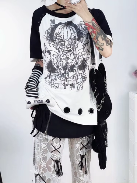 Hotsweet E-girls Cartoon Print Contrast Color Patchwork Tshirts O-neck Bandage Oversize Top Subculture Punk Aesthteic Y2k Tees - AliExpress 200000345