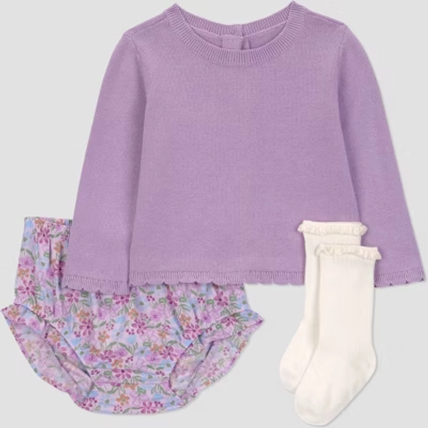 Carter's Just One You® Baby Girls' 3pc Floral Sweater with Bloomer and Socks Set - Purple 9M