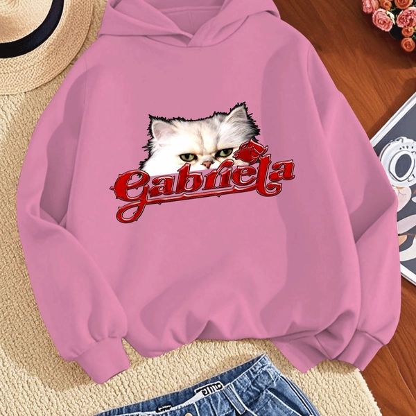 Adorable Kitten Gabriela; Creative Trendy Design Girls' Casual Long-Sleeve Pullover Hooded Sweatshirt, Suitable for Autumn/Winter, Fashionable Printed Sweatshirt for Sportswear