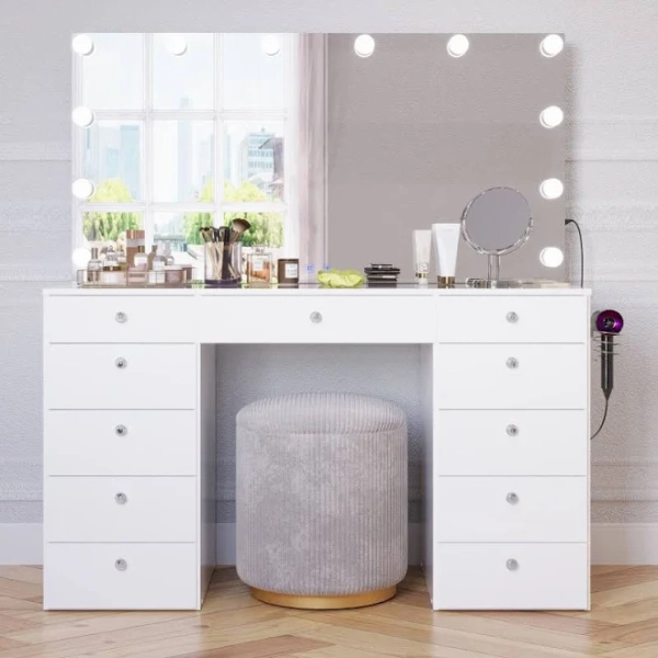 Makeup Vanity with Glass Top, Bluetooth Speakers, 12 LED Lights, and 11 Drawers