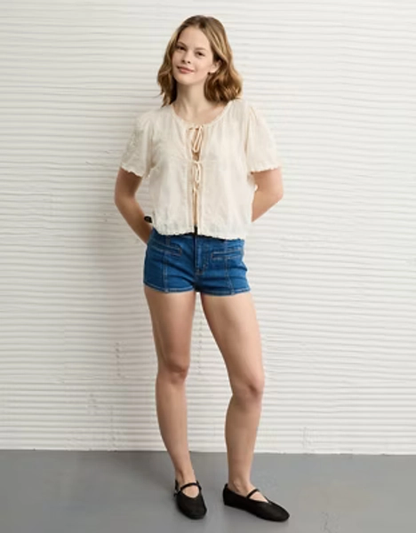 AE Short-Sleeve High Neck Tie Front Shirt