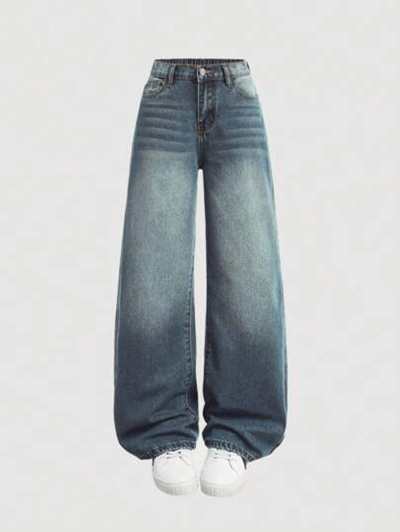 SHEIN Girlism Tween Girl Y2K Loose Fit Casual Denim Jeans With Pockets And Wide Leg, Fall Back To School - Size 8Y