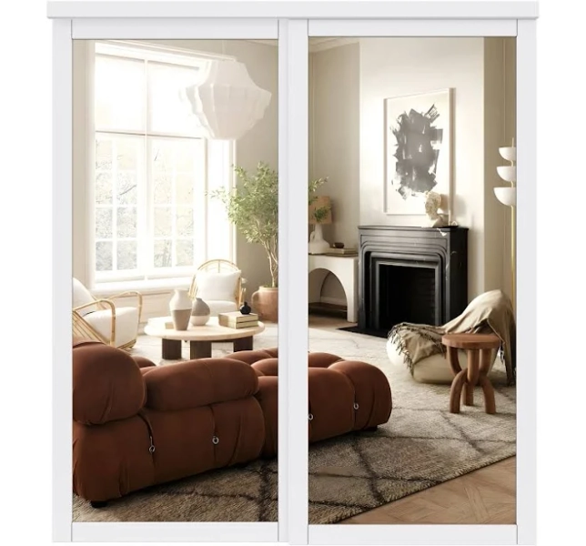 JUJUBON 72-in x 80-in White 1-Panel Mirrored Glass Smooth Solid Core Prefinished