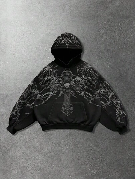 ROMWE MEN Goth Men's Skull & Cross Print Pocket Casual Hoodie, Long Sleeve Top