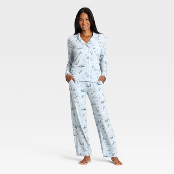 Women's Cloud Knit Modal Long Sleeve Notch Collar Top and Pants Pajama Set - Auden™ Blue 'Tis the Skison M