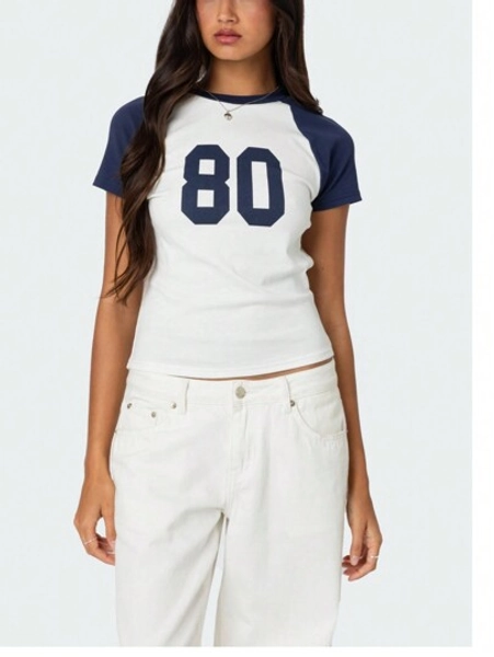 Summer Crop Top Number 80 Fitted Tee Jersey Short Sleeve Y2k Shirt Graphic Baby Tee Women