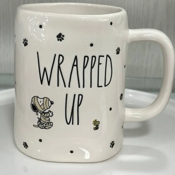 New Rae Dunn x Peanuts Snoopy ceramic coffee mug WRAPPED UP mummy