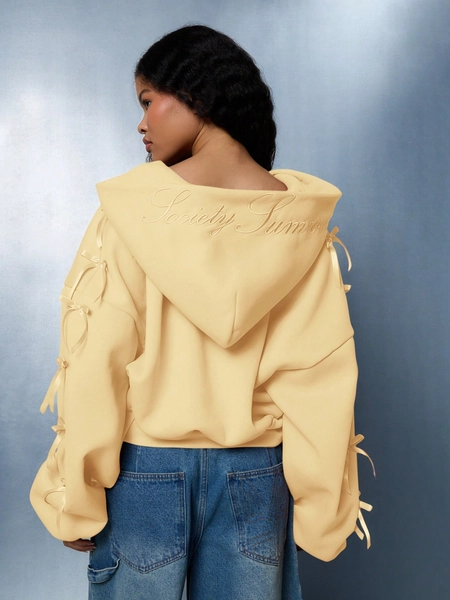 SUMWON WOMEN Cropped Hoodie With Bow Sleeve Detail Premium Sweatshirt Autumn Winter Casual Streetwear Fashion Drawstring Hood Athletic Loungewear Cozy Sporty