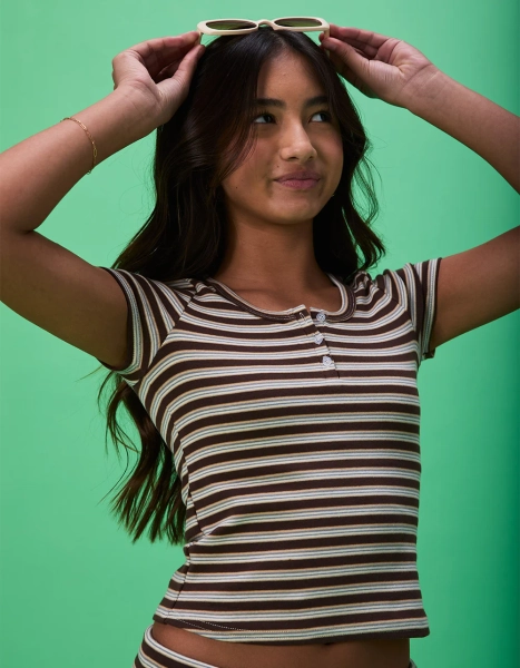 FULL TILT Stripe Girls Henley Top - BROWN COMBO