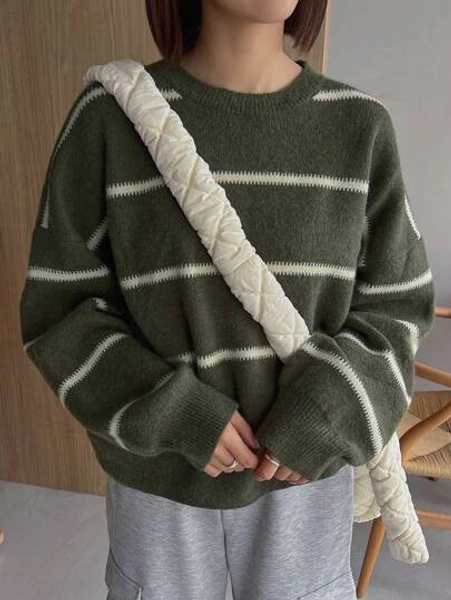 FRIFUL Striped Pattern Drop Shoulder Sweater,Long Sleeve Tops,Fall Clothes