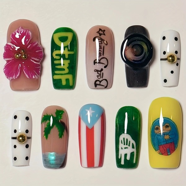 10pcs Pure Handmade Summer Manicure False Nails, Letter Flower, Button Point Drill, Christmas Tree Elements, Including Jelly And Nail File, Press Type False Nail, Cheap Little Items, Daily Fashion Must! Suitable for Halloween And Christmas