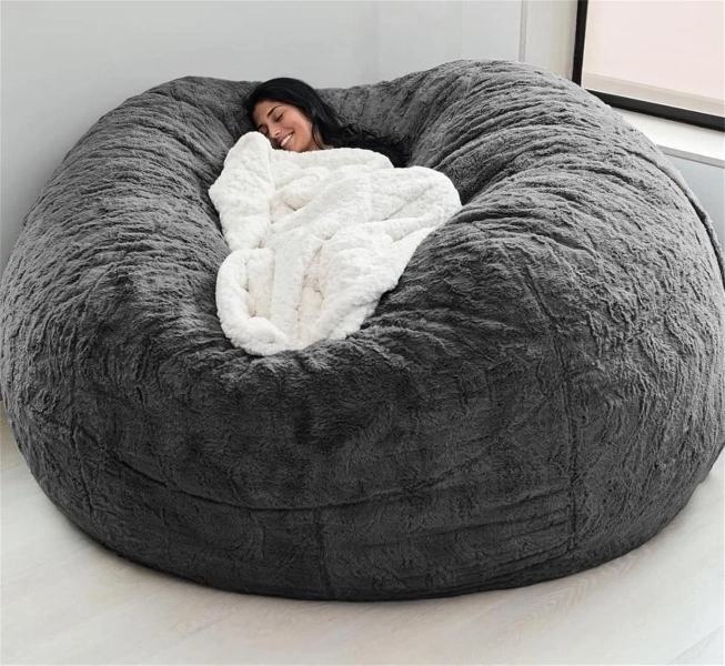 Ebern Designs  6 Ft Round Bean Bag Chair Cover – Soft Fluffy Velvet Sofa Bed Cover With Elastic & Zipper, Washable Lazy Sofa Cushion For Living Room & Bedroom, Snow Blue | Wayfair