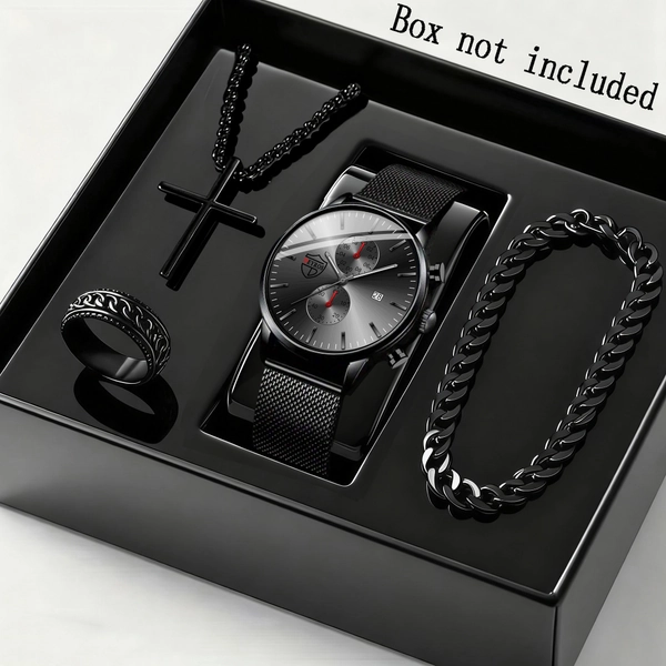 4pcs Men's Watch & Bracelet/Necklace Set - Stainless Steel Quartz Watch with Date Function, Analog Business & Casual Wristwatch Suitable for Christmas/Father's Day Gifts, Dress Watch for Men